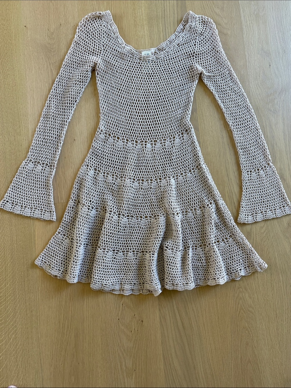 Free People Soft Nude Crochet Long-Sleeve Flared Dress